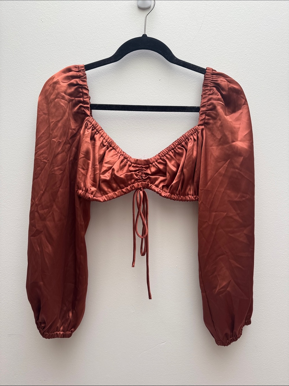 Rust Satin Puff-Sleeve Crop Top